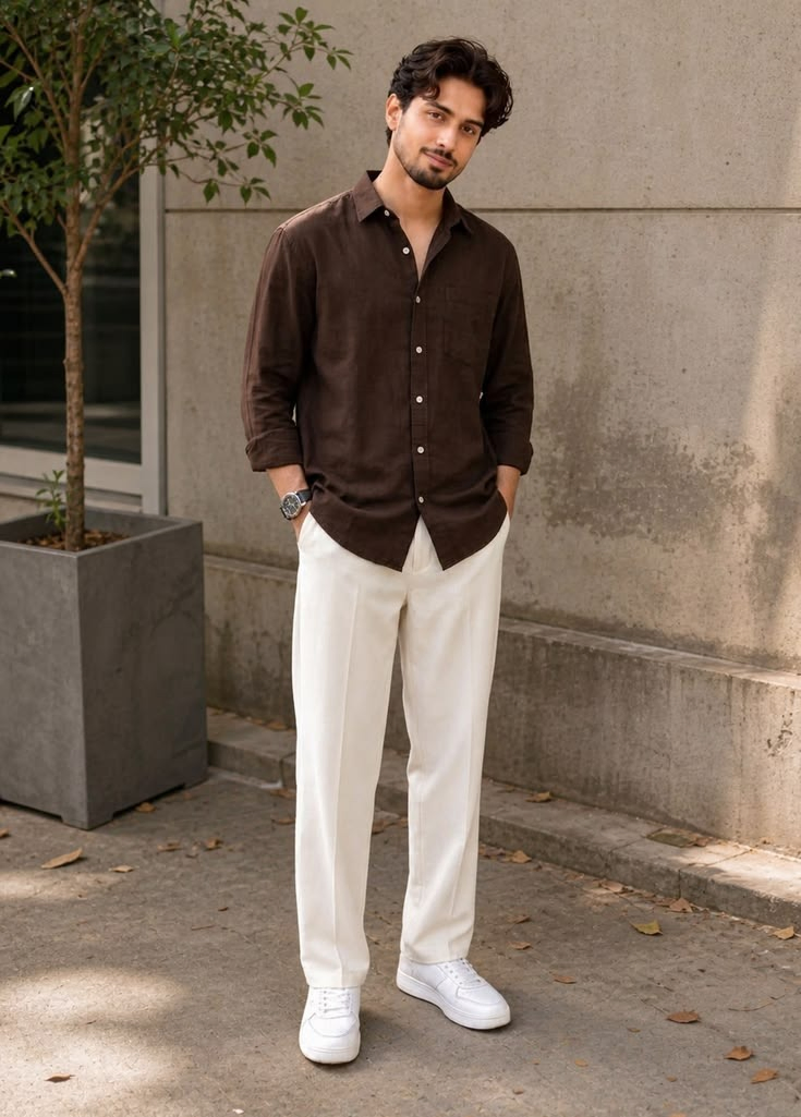 Produção masculina com camisa marrom e calça clara