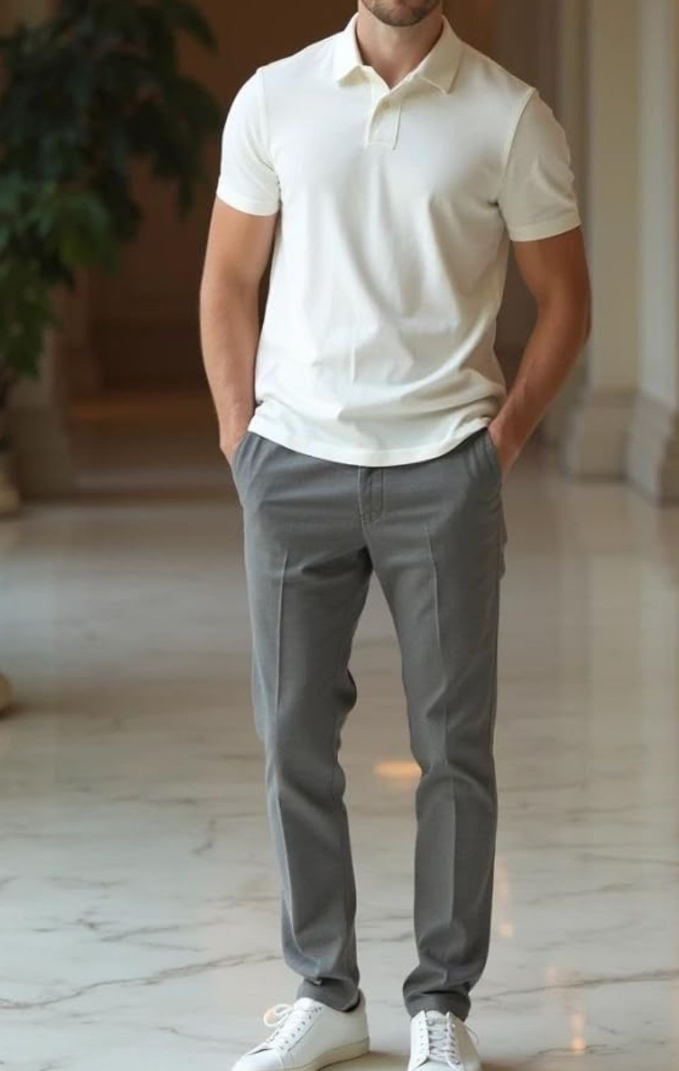 Produção masculina com camisa polo branca e calça cinza
