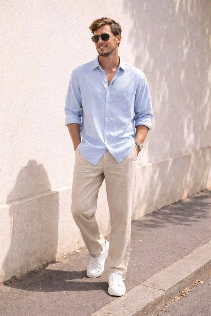 Produção masculina com camisa azul-clara e calça bege