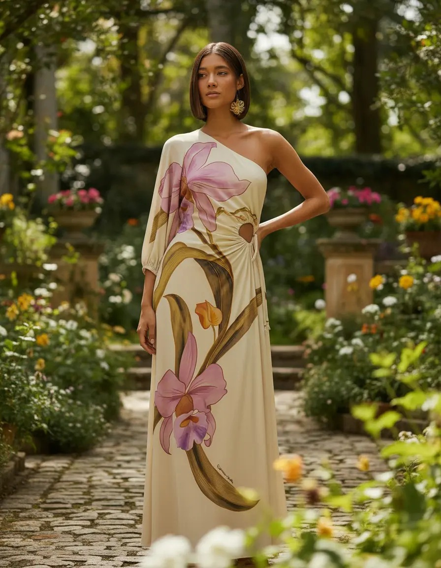 Vestido longo estampado com flores em tons de primavera